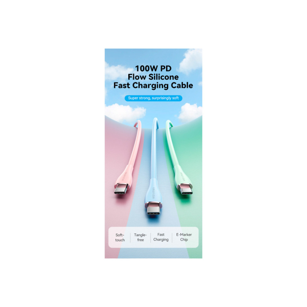 Дата кабель USB-C to USB-C 2.0m USB2.0 100W (20V/5A) Light Blue Silicone Vention (TAWSH)