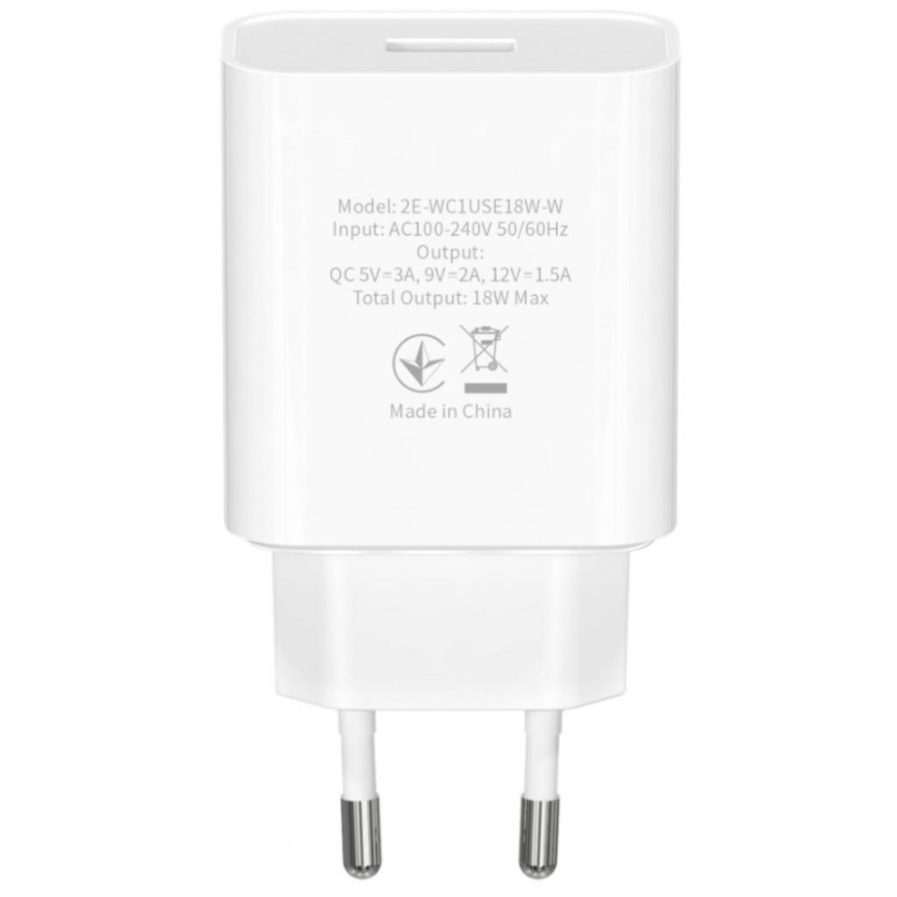 Зарядний пристрій 2E USB Wall Charger QC3.0 DC5V/3A, Max 18W, white (2E-WC1USB18W-W)