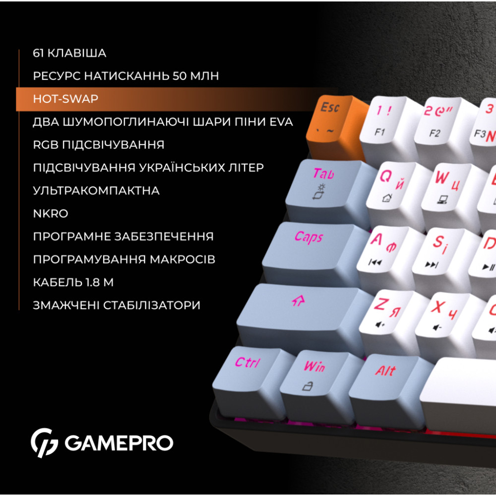 Клавіатура GamePro MK130R Hot-Swap Red Swich RGB USB UA Black (MK130R)