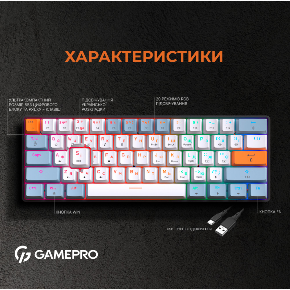 Клавіатура GamePro MK130R Hot-Swap Red Swich RGB USB UA Black (MK130R)