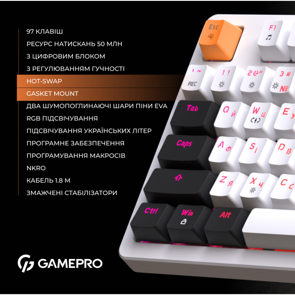 Клавіатура GamePro MK170W Hot-Swap Red Swich RGB USB UA White (MK170W)