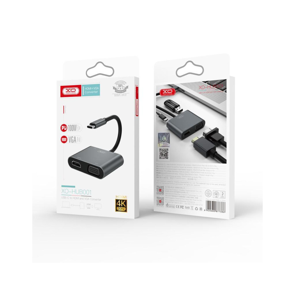 Перехідник XO 4-in-1 Dock USB-C (HDMI/VGA/USB3.0/USB-C PD) (XO-HUB001SL)