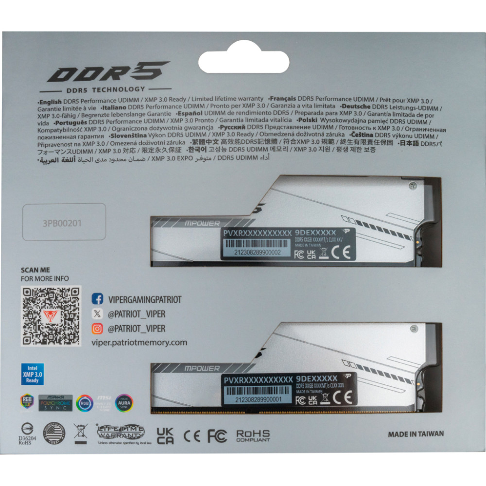 Модуль пам'яті для комп'ютера DDR5 32GB (2x16GB) 6000 MHz Viper Xtreme 5 MPOWER RGB Patriot (PVXR532G60C30KM)