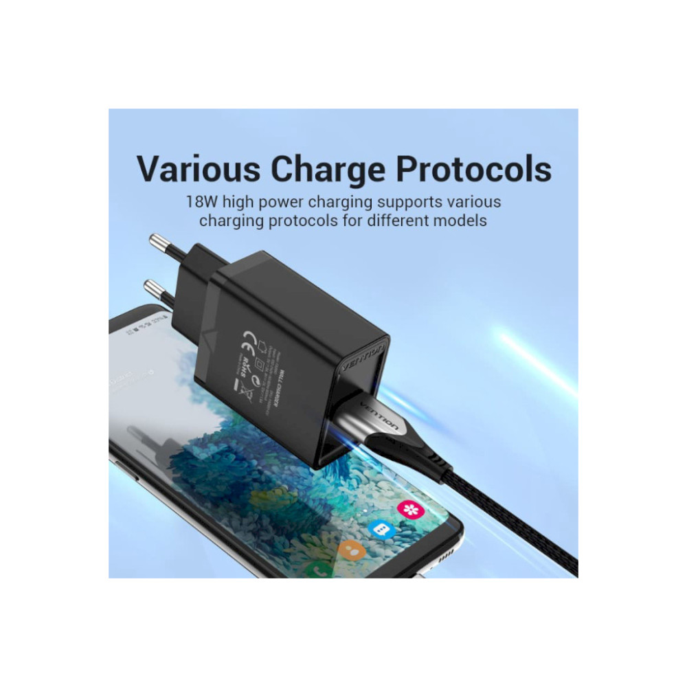 Зарядний пристрій Vention 1xUSB 18W (USB-A) QC3.0 black (FABB0-EU)