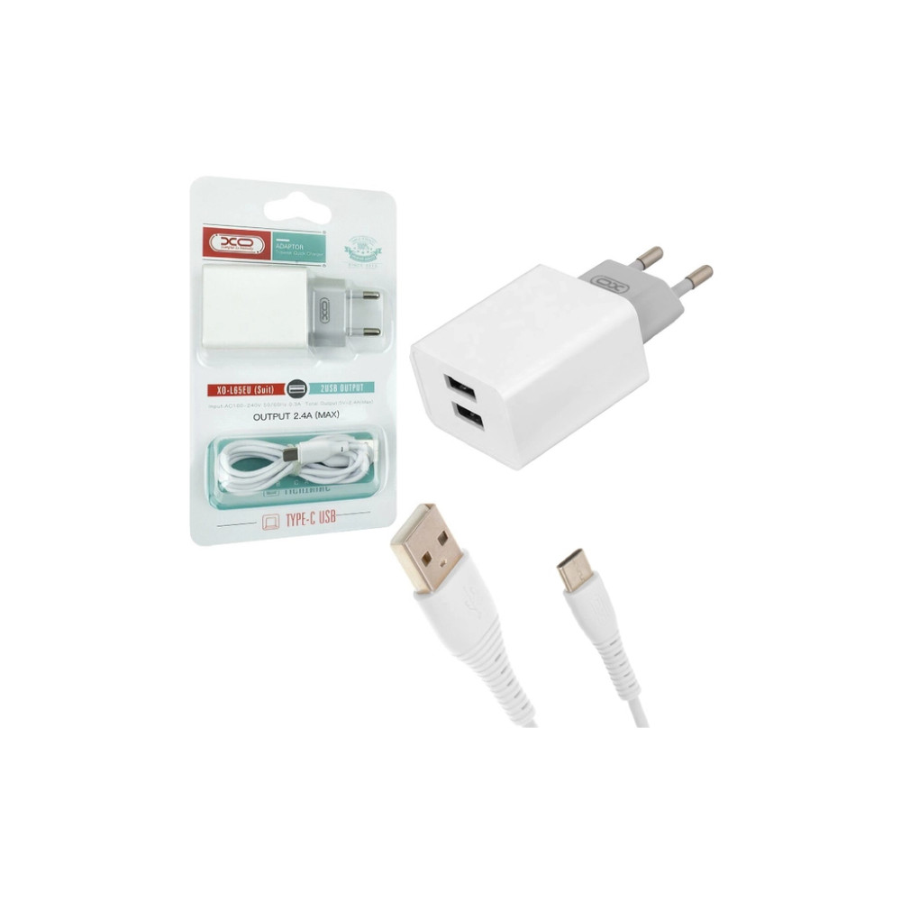Зарядний пристрій XO L65 адаптер 2USB / 2.4А + Type-C white (XO-L65-TC)