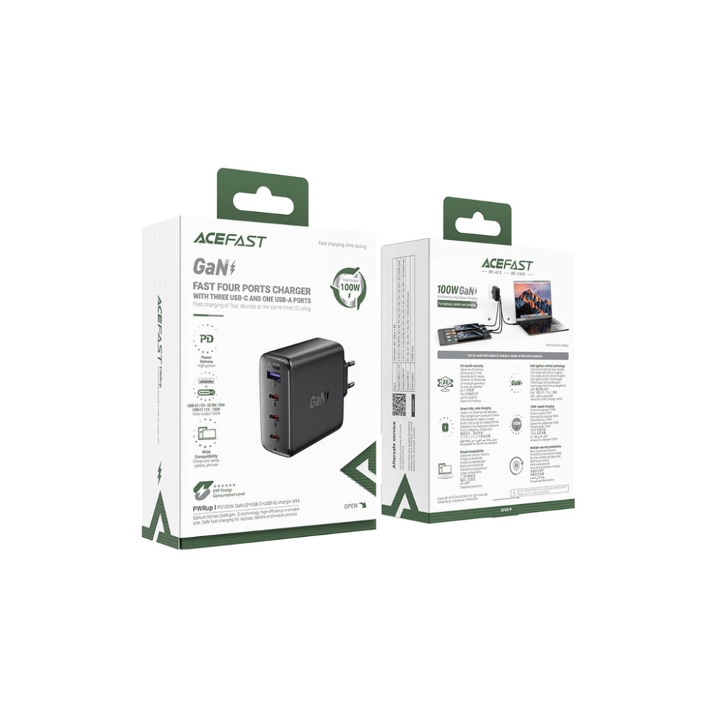Зарядний пристрій Acefast 4xUSB 100W (3xUSB-C+USB-A) Gan A94 Fast Charger Black (6974316283133)